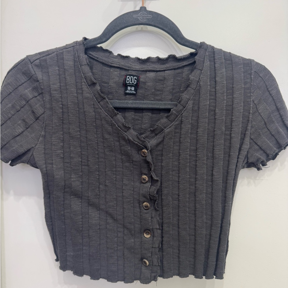 BDG Gray Ribbed Crop Button Down Shirt